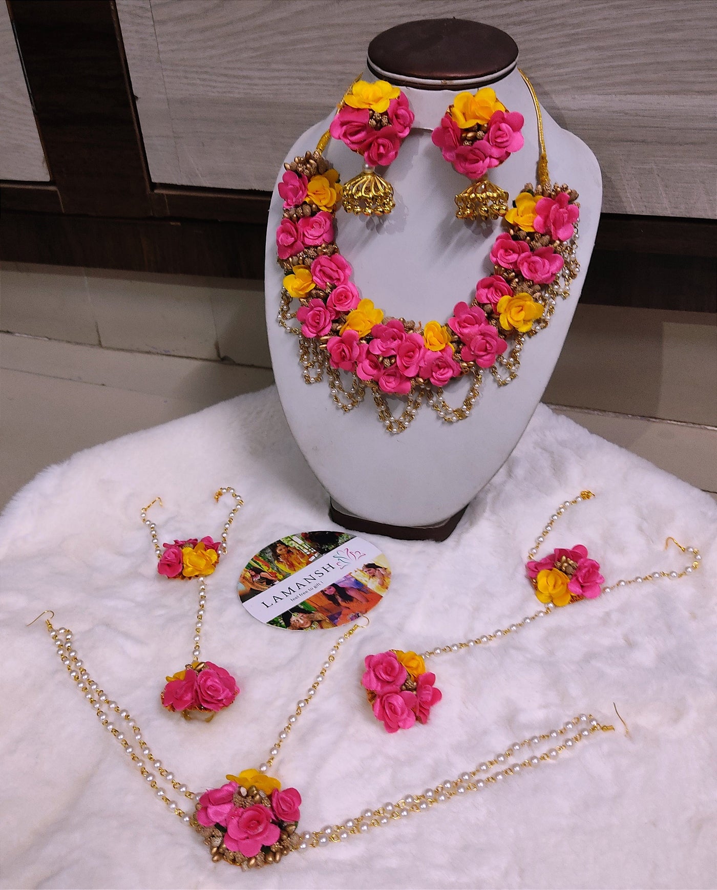 Lamansh Flower Jewellery 1 Necklace, 2 Jhumki Earrings , 1 Maangtika with side chain , 2 Bracelets attached to ring / Pink-Yellow LAMANSH® Bridal Artificial Floral 💗 Jewellery Set| Fabric Flower Jewelry set