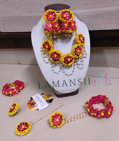 Lamansh Flower Jewellery 1 Necklace, 2 Jhumki Earrings, 2 Bracelets attached to ring & 1 Maangtika / Hot Pink - Yellow LAMANSH® Floral 🌺 Jewellery Set / Artificial Flower Jewellery for Mehendi