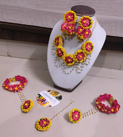 Lamansh Flower Jewellery 1 Necklace, 2 Jhumki Earrings, 2 Bracelets attached to ring & 1 Maangtika / Hot Pink - Yellow LAMANSH® Floral 🌺 Jewellery Set / Artificial Flower Jewellery for Mehendi