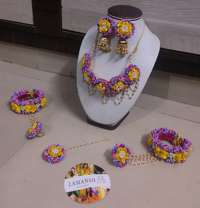 Lamansh Flower Jewellery 1 Necklace, 2 Jhumki Earrings, 2 Bracelets attached to ring & 1 Maangtika / Purple - Yellow - Dark Pink LAMANSH® Bridal Floral Haldi 🌺 Jewellery Set / Artificial Flower Jewellery for Mehendi