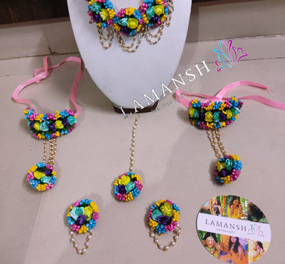 LAMANSH Flower Jewellery Blue , Pink , Purple , Blue , Sea Green LAMANSH® Multicolor Artificial Flower 🌸 Jewellery Set for Haldi Mehendi ceremony
