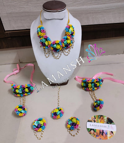 LAMANSH Flower Jewellery Blue , Pink , Purple , Blue , Sea Green LAMANSH® Multicolor Artificial Flower 🌸 Jewellery Set for Haldi Mehendi ceremony