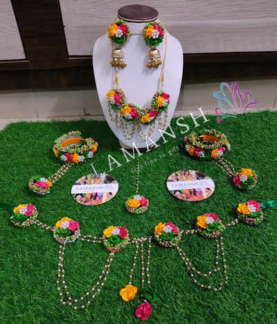 LAMANSH Flower Jewellery Green Yellow Pink Gold LAMANSH® Floral Jewellery Set 🌺 with Kamarbandh / Flower Jewelry set for Bride in Baby Shower , Haldi or Mehendi ceremony