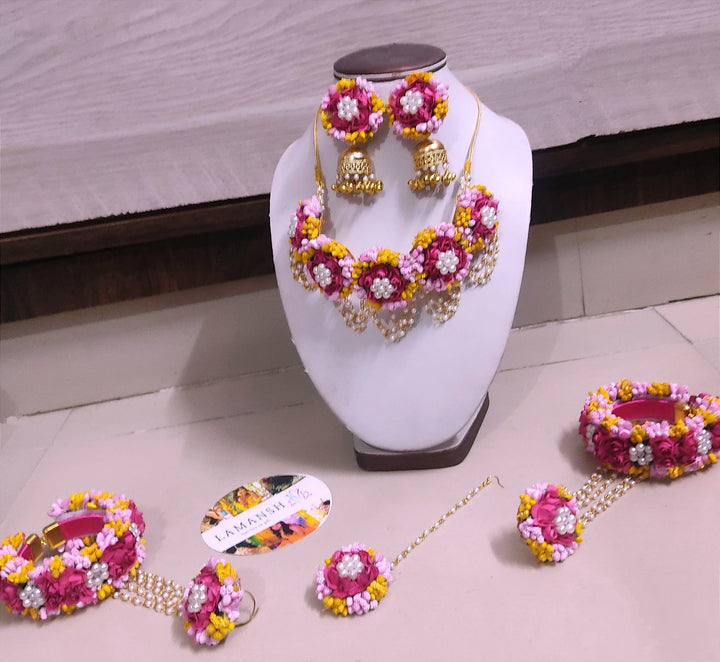 LAMANSH® Baby Pink-Yellow-Hot Pink Elegant Floral Jewellery Set