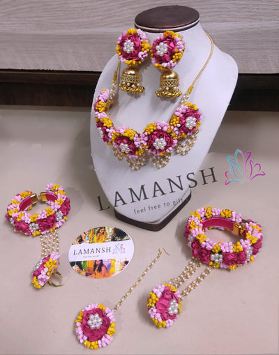 LAMANSH Flower Jewellery LAMANSH® Baby Pink-Yellow-Hot Pink Elegant Floral Jewellery Set 🌺 for Wedding ceremony