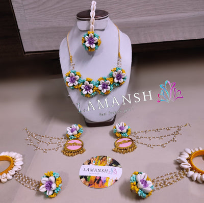 Lamansh Flower Jewellery LAMANSH® Floral Jewellery 🌺 set with Dulhaniya Earrings | Artificial Flower Jewelry for Haldi or Mehendi ceremony