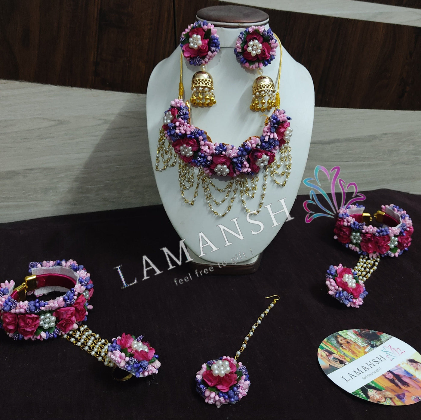 LAMANSH Flower Jewellery LAMANSH® 🌺 Lilac - Pink Bridal Floral Jewellery Set for Mehendi Function / Artificial Flower Jewelry set