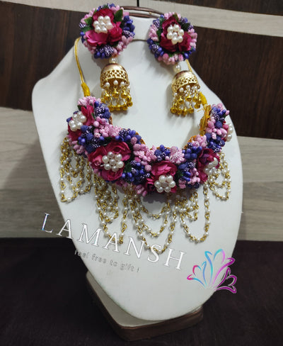 LAMANSH Flower Jewellery LAMANSH® 🌺 Lilac - Pink Bridal Floral Jewellery Set for Mehendi Function / Artificial Flower Jewelry set