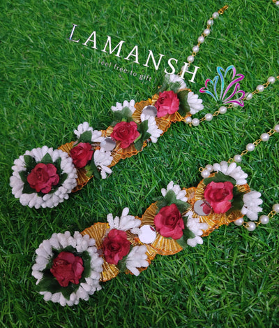 LAMANSH Flower Jewellery LAMANSH® Necklace Red & White Floral Jewellery Set 🌺 with Anklets Payal / Flower Jewelry set for Bride in Haldi or Mehendi ceremony