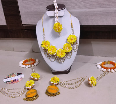 LAMANSH Flower Jewellery LAMANSH® Shells 🐚 X Floral Jewellery Dulhaniya Set for Mehendi Haldi Rasam / Artificial Flower Jewelry set