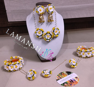 LAMANSH Flower Jewellery LAMANSH® Yellow White Artificial Flower 🌸 Jewelry Set for Haldi Mehendi ceremony