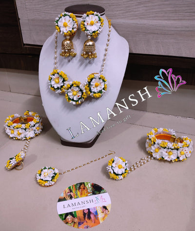 LAMANSH Flower Jewellery LAMANSH® Yellow White Artificial Flower 🌸 Jewelry Set for Haldi Mehendi ceremony