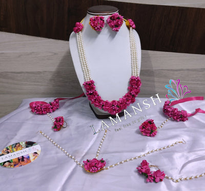 Lamansh Flower Jewellery Orange-sky blue-pink / Free size / Bridal style LAMANSH® Pink Bridal Floral Jewellery Set with Nosering