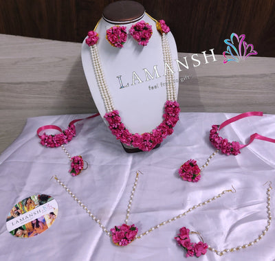 Lamansh Flower Jewellery Orange-sky blue-pink / Free size / Bridal style LAMANSH® Pink Bridal Floral Jewellery Set with Nosering