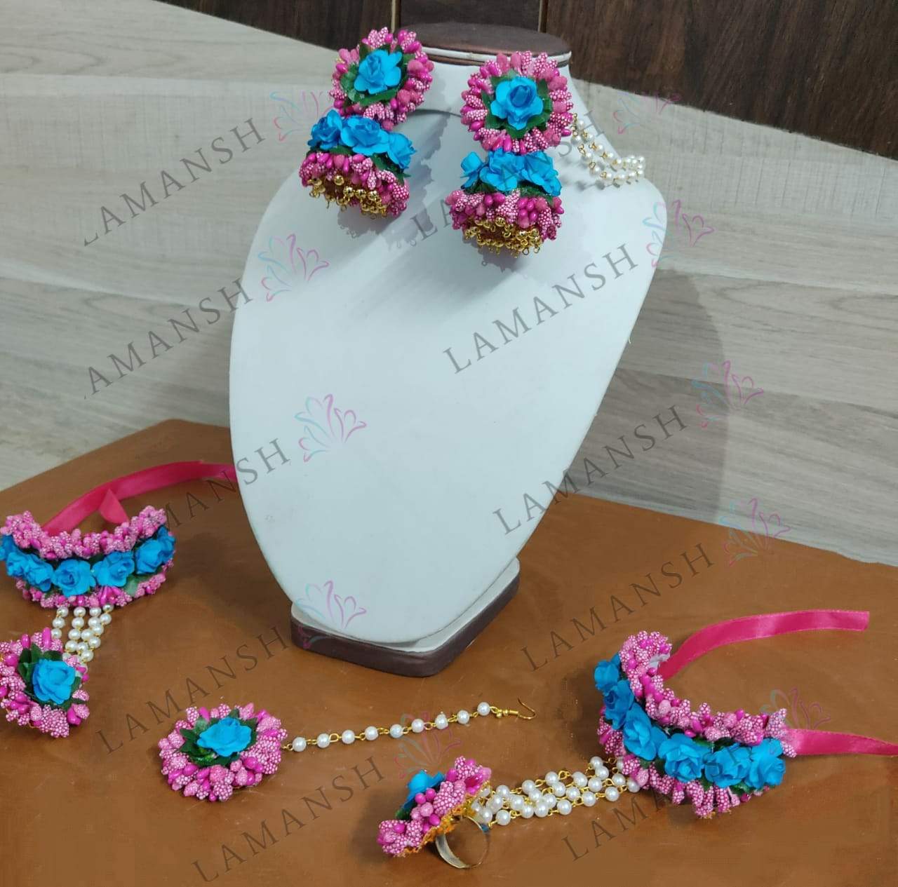 LAMANSH Flower Jewellery Pink-Blue / 2 Bracelets attached to Ring & 2 earrings with side chain & 1 maangtika LAMANSH Floral 🌺 Bracelets Attached to Ring, Maangtika & Earrings set