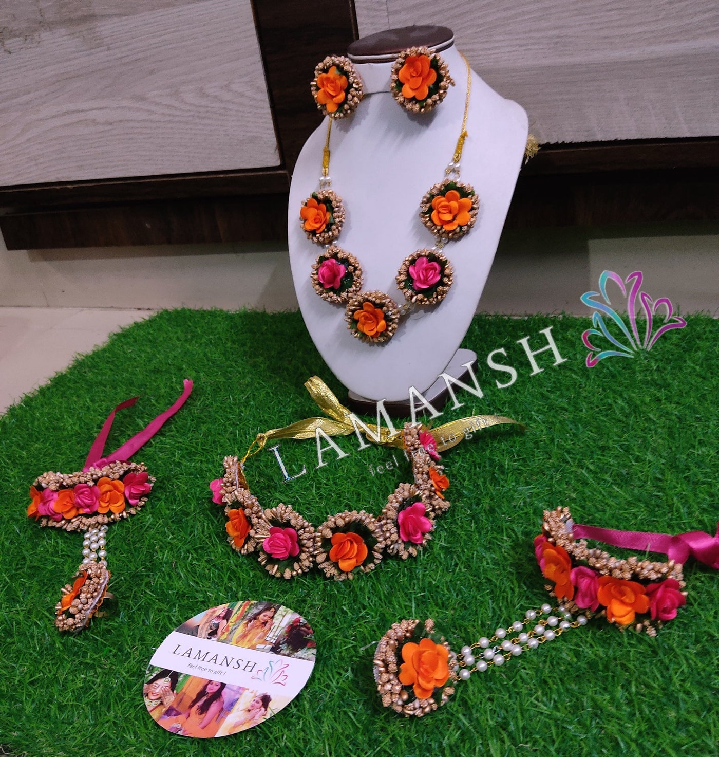 LAMANSH Flower Jewellery Pink Orange Golden LAMANSH® Artificial Floral Jewellery Set 🌺 with Tiara / Flower Jewelry set for Bride in Haldi or Mehendi ceremony