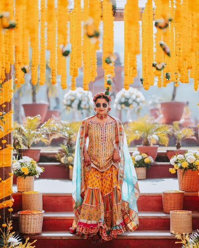 LAMANSH Flower Jewellery Pink Orange Golden LAMANSH® Bridal Floral Jewellery Set 🌺 with Tiara / Flower Jewelry set for Haldi ceremony