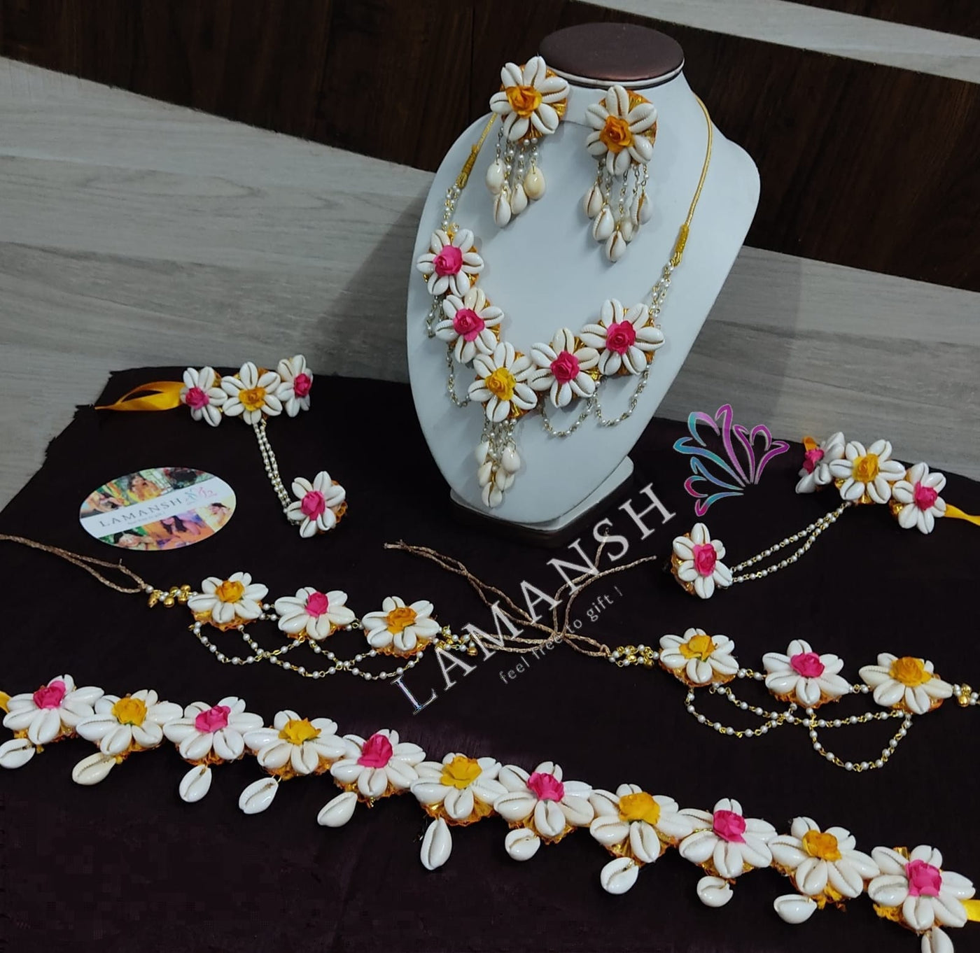 LAMANSH Flower Jewellery Pink-White- Yellow / Standard / Shells 🐚 Style Lamansh® Shell Floral Jewellery Set 🌺🌻🌹🌷 / Haldi Set for Bride