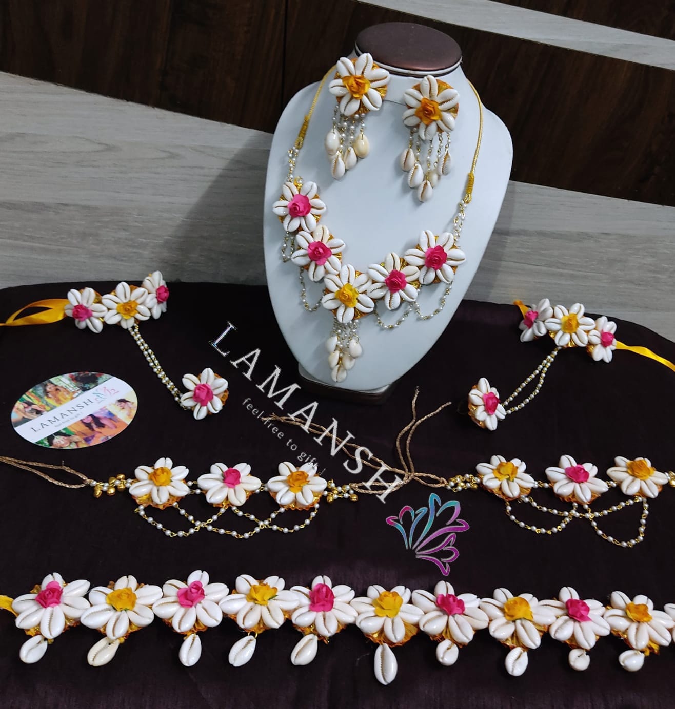 LAMANSH Flower Jewellery Pink-White- Yellow / Standard / Shells 🐚 Style Lamansh® Shell Floral Jewellery Set 🌺🌻🌹🌷 / Haldi Set for Bride