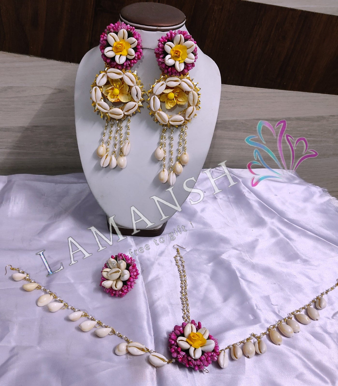 LAMANSH Flower Jewellery Pink Yellow / Standard / Shells 🐚 Style Lamansh® Shell 🐚 Collection Floral Jewellery Set 🌺 / Haldi Set