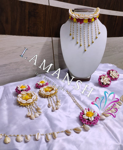 LAMANSH Flower Jewellery Pink Yellow / Standard / Shells 🐚 Style Lamansh® Shell 🐚 Collection Floral Jewellery Set 🌺 / Haldi Set