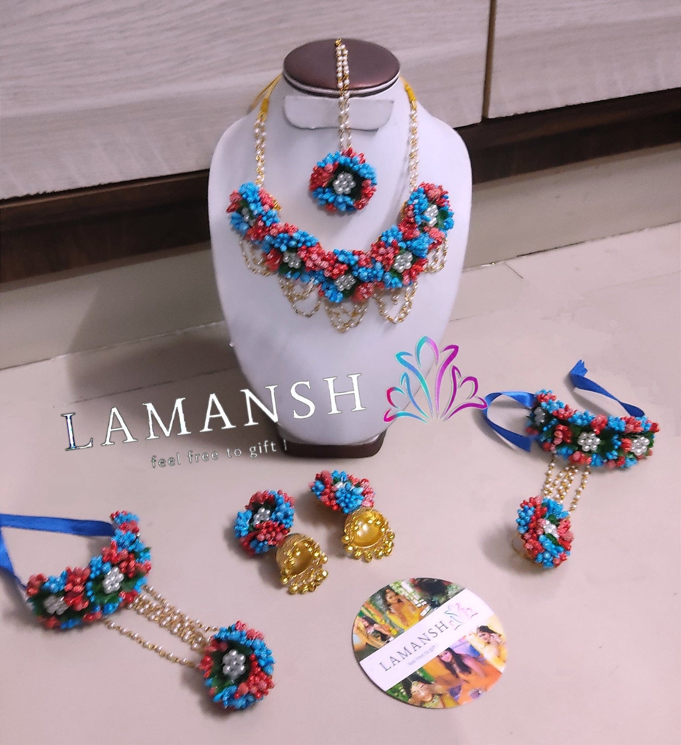 LAMANSH Flower Jewellery Royal Blue & Red LAMANSH® Royal blue Red Artificial Flower 🌸 Jewelry Set for Bride in Haldi or Mehendi ceremony