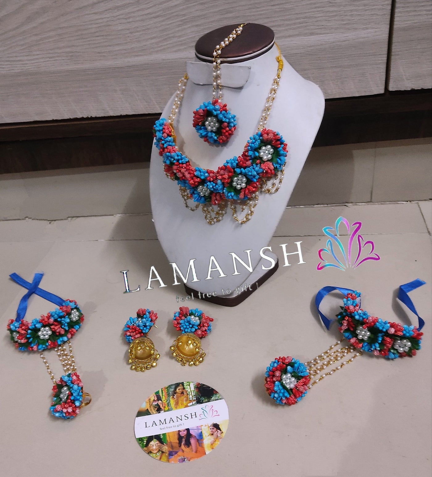 LAMANSH Flower Jewellery Royal Blue & Red LAMANSH® Royal blue Red Artificial Flower 🌸 Jewelry Set for Bride in Haldi or Mehendi ceremony