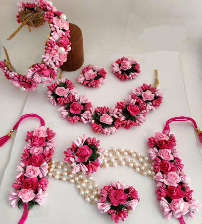 Lamansh Flower Jewellery set 1 Necklace, 1 Hair Band, 2 Earrings, 2 Bracelets attached attached with ring / Pink LAMANSH® Flower Fabric Hand Jewellery Haldi Baby Shower Mehndi Godbharai Set For Women, Girls / Floral Jewellery Set