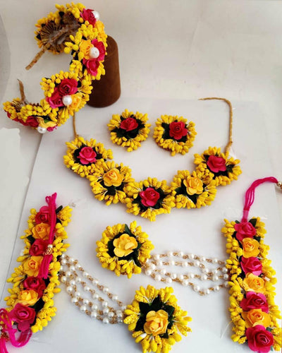 Lamansh Flower Jewellery set 1 Necklace, 1 Hair Band, 2 Earrings, 2 Bracelets attached attached with ring / Yellow-Red LAMANSH® Flower Fabric Hand Jewellery Haldi Baby Shower Mehndi Godbharai Set For Women, Girls / Floral Jewellery Set