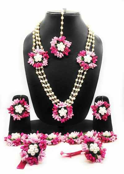 Lamansh Flower Jewellery Set 1 Necklace, 2 Earrings ,1 Maangtika & 2 Bracelet Attached to ring set / Pink LAMANSH® Handmade Flower Jewellery Set For Women & Girls / Haldi Set