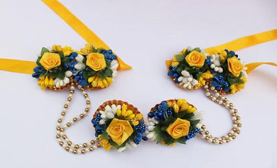 Lamansh Flower Jewellery Set 1 Necklace, 2 Earrings,1 Maangtika & 2 Bracelet attached to ring Set / Yellow- Blue LAMANSH® Handmade Flower Jewellery Set For Women & Girls / Haldi Set