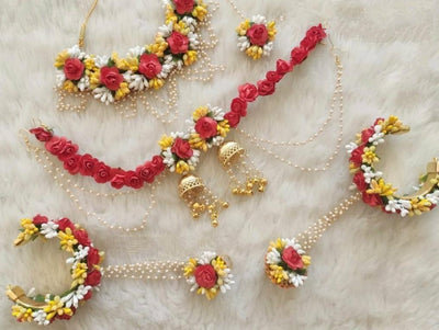 Lamansh Flower Jewellery set 1 Necklace, 2 Earrings ,1 Maangtika & 2 Bracelet Attached To Ring set / Yellow-Red LAMANSH® Multicolor BEAUTIFUL, BRIDAL FLORAL JEWELLERY SET FOR WOMEN / Jewel set