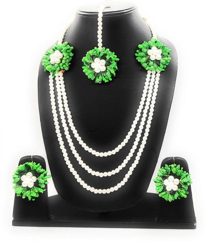 Lamansh Flower Jewellery Set 1 Necklace, 2 Earrings ,1 Maangtika set / Green-White LAMANSH® Handmade Flower Jewellery Set For Women & Girls / Haldi Set