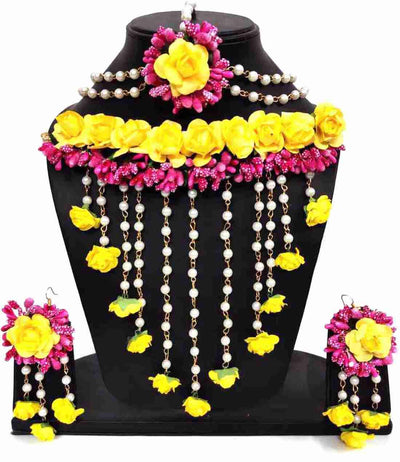 Lamansh Flower Jewellery Set 1 Necklace, 2 Earrings ,1 Maangtika set / Pink-Yellow LAMANSH® Handmade Flower Jewellery Set For Women & Girls / Haldi Set