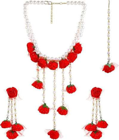 Lamansh Flower Jewellery Set 1 Necklace, 2 Earrings & 1 Maangtika set / Red-White LAMANSH® Handmade Flower Jewellery Set For Women & Girls / Haldi Set
