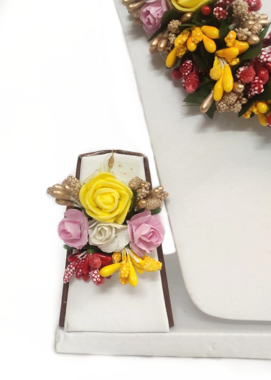 Lamansh Flower Jewellery Set 1 Necklace, 2 Earrings & 1 Maangtika set / Red-Yellow-Golden LAMANSH® Handmade Flower Jewellery Set For Women & Girls / Haldi Set