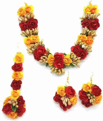 Lamansh Flower Jewellery Set 1 Necklace, 2 Earrings & 1 Maangtika set / Red-Yellow LAMANSH® Handmade Flower Jewellery Set For Women & Girls / Haldi Set