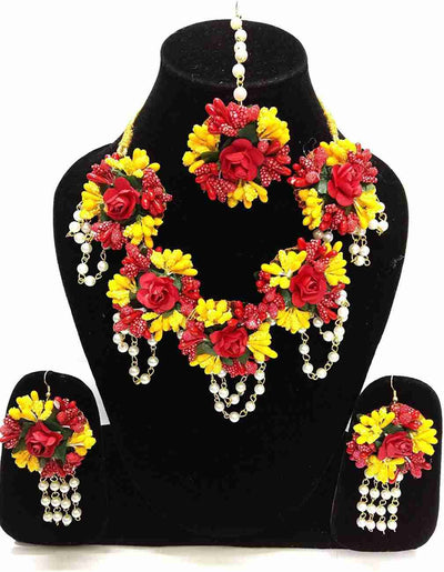 Lamansh Flower Jewellery Set 1 Necklace, 2 Earrings & 1 Maangtika set / Yellow-Red LAMANSH® Handmade Flower Jewellery Set For Women & Girls / Haldi Set