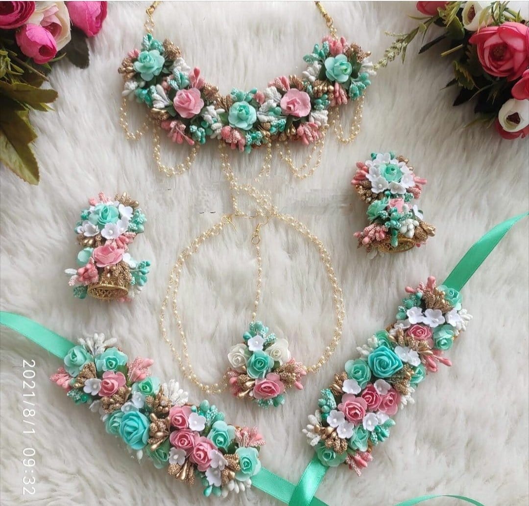 Lamansh Flower Jewellery set 1 Necklace, 2 Earrings ,1 Maangtika with side Chain & 2 Bracelet set / Sea Green -Pink LAMANSH® Multicolor BEAUTIFUL, BRIDAL FLORAL JEWELLERY SET FOR WOMEN / Jewel set