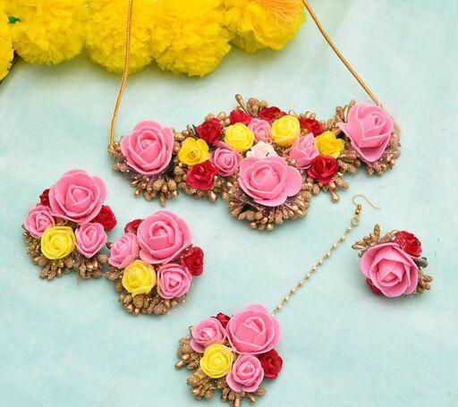 Lamansh Flower Jewellery Set 1 Necklace, 2 Earrings, 1 Ring & 1 Maangtika set / Pink LAMANSH® Designer Floral Jewellery Set for Women & Girls