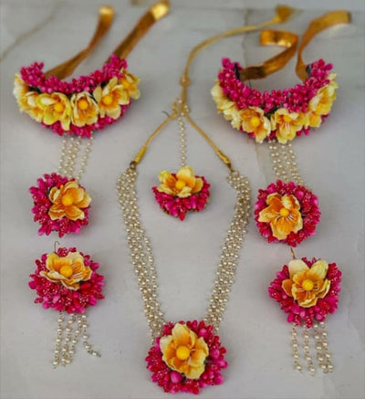 Lamansh Flower 🌺🌻🌹🌷 Jewellery Set 1 Necklace, 2 Earrings, Bracelet Attached With ring & 1 Maangtika Set / Pink-Yellow LAMANSH® Special Haldi Mehendi 🌺 Jewellery Set / Floral Jewellery set