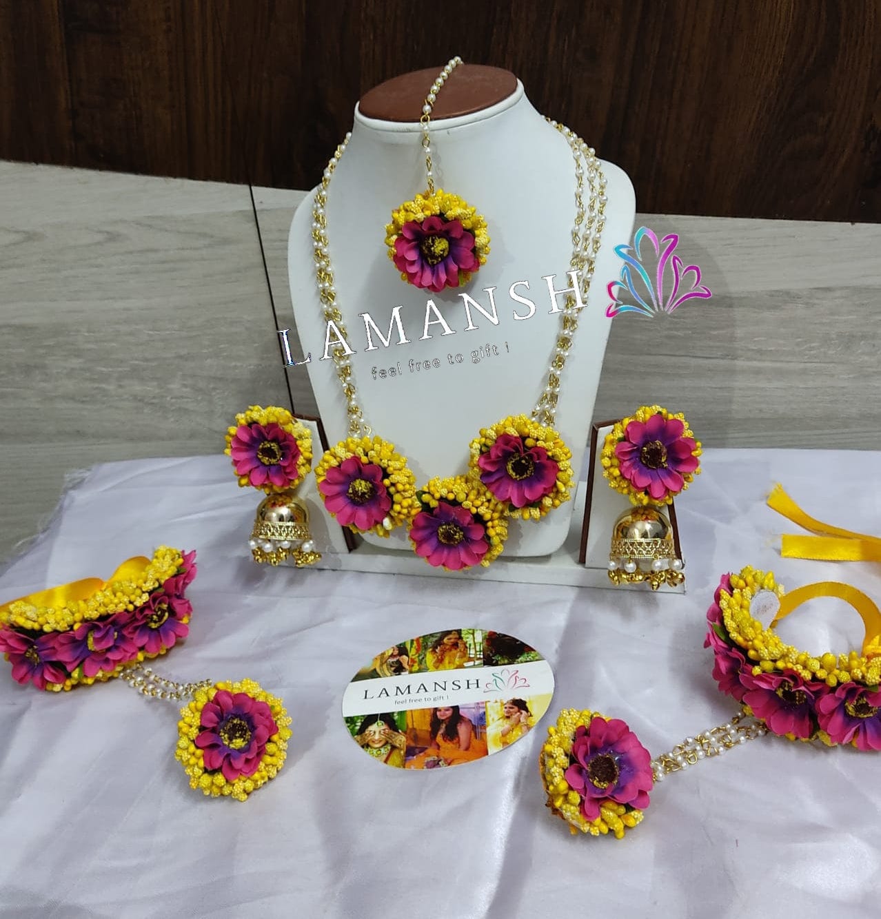 Lamansh Flower Jewellery Set 1 Necklace, 2 Jhumki Earrings , 1 Maangtika & 2 Bracelets attached with ring / Multicolor LAMANSH® All New Sunflower 🌻Collection Floral Jewellery Set For Women & Girls / Haldi Set