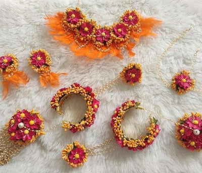 LAMANSH Flower Jewellery set Orange Pink / Free Size / Feather collection Lamansh® Feather 🌺 Collection Artificial Flower Jewellery Set