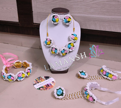 LAMANSH Flower Jewellery White - Yellow - Blue - Baby pink / Free Size / Bridal Look LAMANSH® 🌺 Bridal Floral Jewellery Set with Tiara for Mehendi Haldi Rasam / Artificial Flower Jewelry set