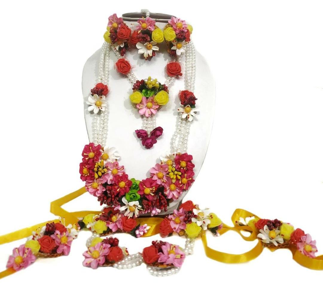 Lamansh Flower Jewellery with kamarband 1 Necklace, 1 choker, 2 Earrings, 1 Maangtika & 2 Bracelets attached to ring, 2 Bajuband & 1 Kamarband / Multicolour LAMANSH® Special Bridal Complete Floral 🌺 Jewellery Set with all flower accessories
