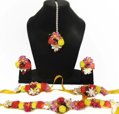 Lamansh Flower Jewellery with kamarband 1 Necklace, 1 choker, 2 Earrings, 1 Maangtika & 2 Bracelets attached to ring, 2 Bajuband & 1 Kamarband / Multicolour LAMANSH® Special Bridal Complete Floral 🌺 Jewellery Set with all flower accessories
