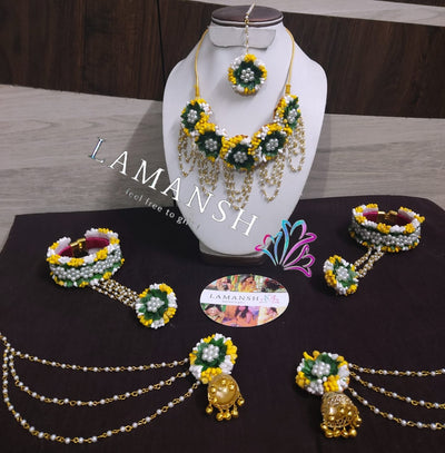 Lamansh Flower 🌺 Jewellery with shells 1 Necklace, 2 Earrings ,1 Maangtika , 2 Bracelet Attached with ring  set / Yellow-Green-white LAMANSH® Handmade Flower & Shells 🐚 Jewellery Set For Women & Girls / Haldi Set