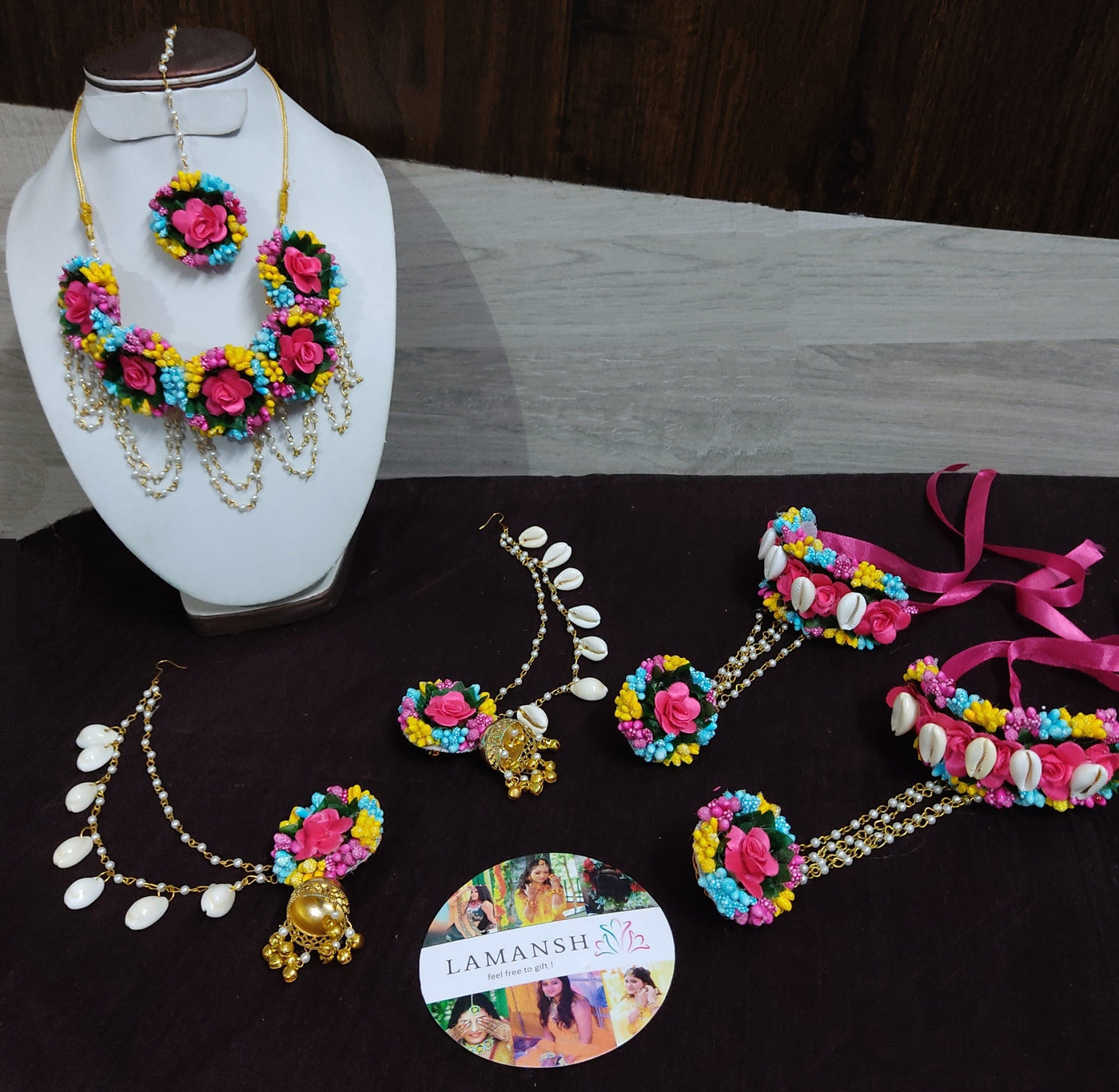 LAMANSH Flower 🌺 Jewellery with shells Pink Blue Yellow / Standard / Shells 🐚 Style LAMANSH® Multicolored Floral Shells 🌹 Jewellery set for Bride's / Absolute masterpiece for Haldi - Mehendi ceremony