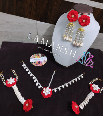LAMANSH Flower 🌺 Jewellery with shells Pink White / Standard / Shells 🐚 Style LAMANSH® SHELLS & Floral 🌺🐚 Jewellery Set for Haldi Mehendi / Bridal set