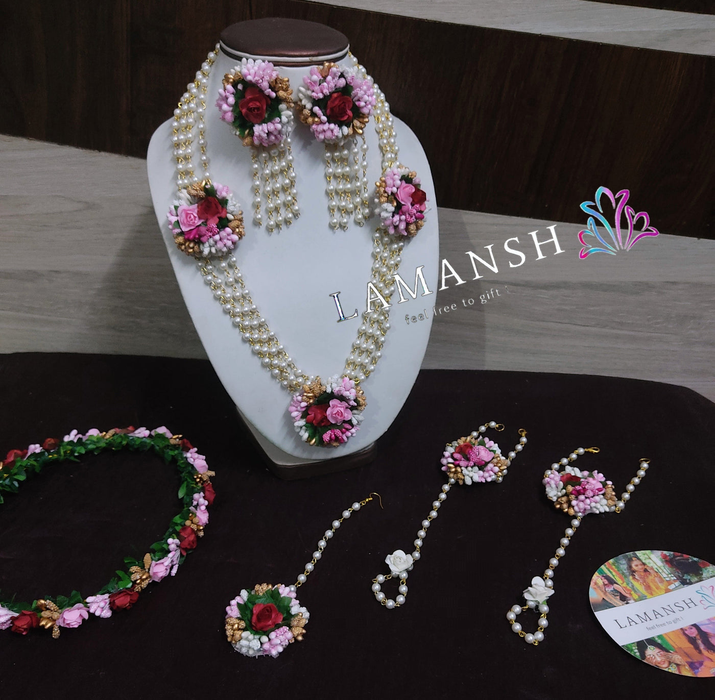 Lamansh Flower 🌺 Jewellery with tiara 1 Necklace, 2 Earrings , 1 Tiara ,1 Maangtika & 2 Hathphools / Pink Red LAMANSH® Pink Red Elegant ♥️ Floral Jewellery Set For Women & Girls / Haldi & Mehendi Set with Tiara